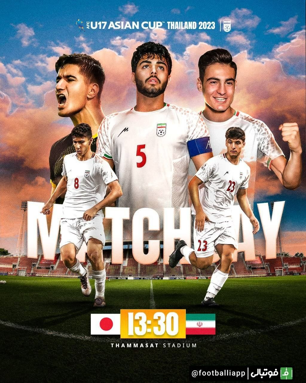 پوستر/ تیم ملی فوتبال نوجوانان ایران در دیدار نیمهنهایی قهرمانی زیر ١٧سال آسیا ۲۰۲۳ در تایلند، فردا (پنجشنبه) از ساعت ۱۷:۳۰ به وقت تهران به مصاف ژاپن میرود.