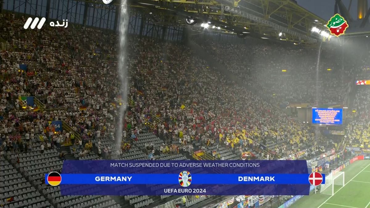 بارش تگرگ و وضعیت عجیب ورزشگاه سیگنال ایدونا پارک پس از توقف بازی آلمان و دانمارک