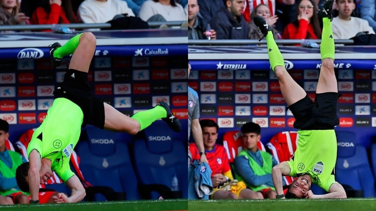 سرنگونی جالب کمک داور در بازی اسپانیول و اتلتیکو مادرید