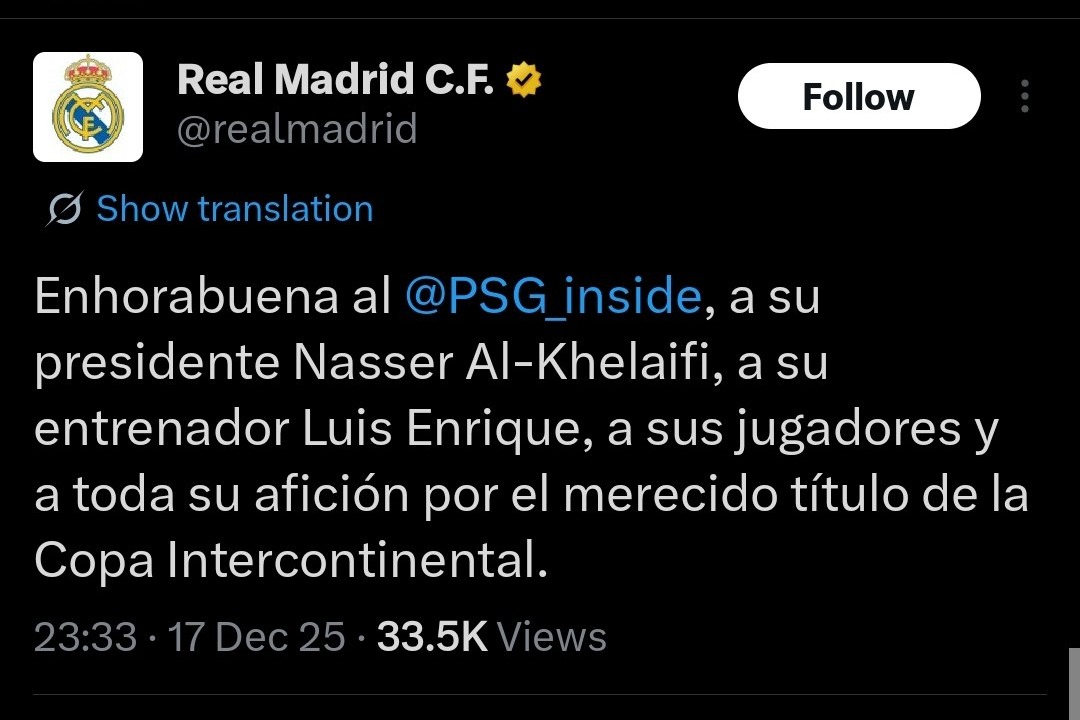 پیام تبریک رئال مادرید به پاری سن ژرمن پس از کسب ششگانه