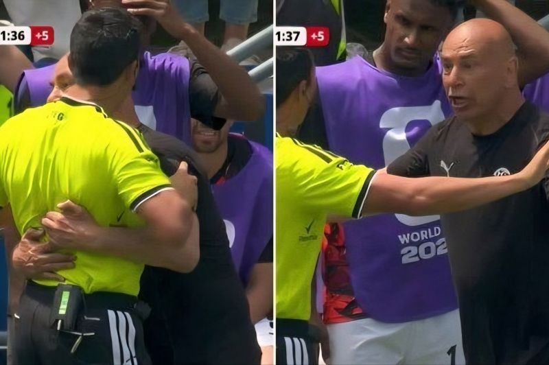 مربی مصر هنگام اعتراض، داور چهارم را در آغوش گرفت