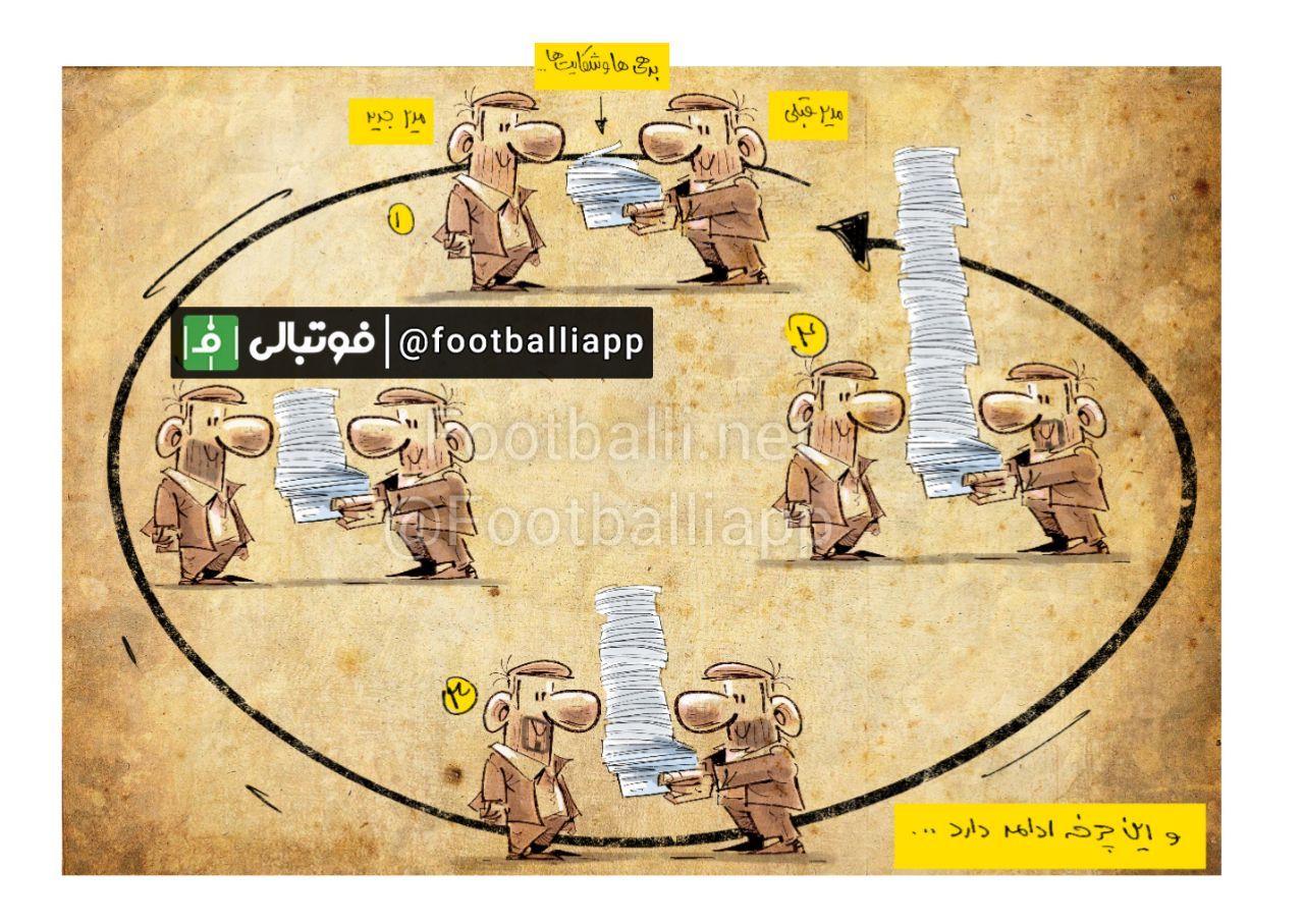 کاریکاتور اختصاصی/ نحوه انتقال مدیریت باشگاه ها در طول سالیان اخیر در فوتبال ایران چرخه بدهی ها و شکایت ها، همچنان ادامه دارد... طرح از شهاب جعفرنژاد/ سایت فوتبالی