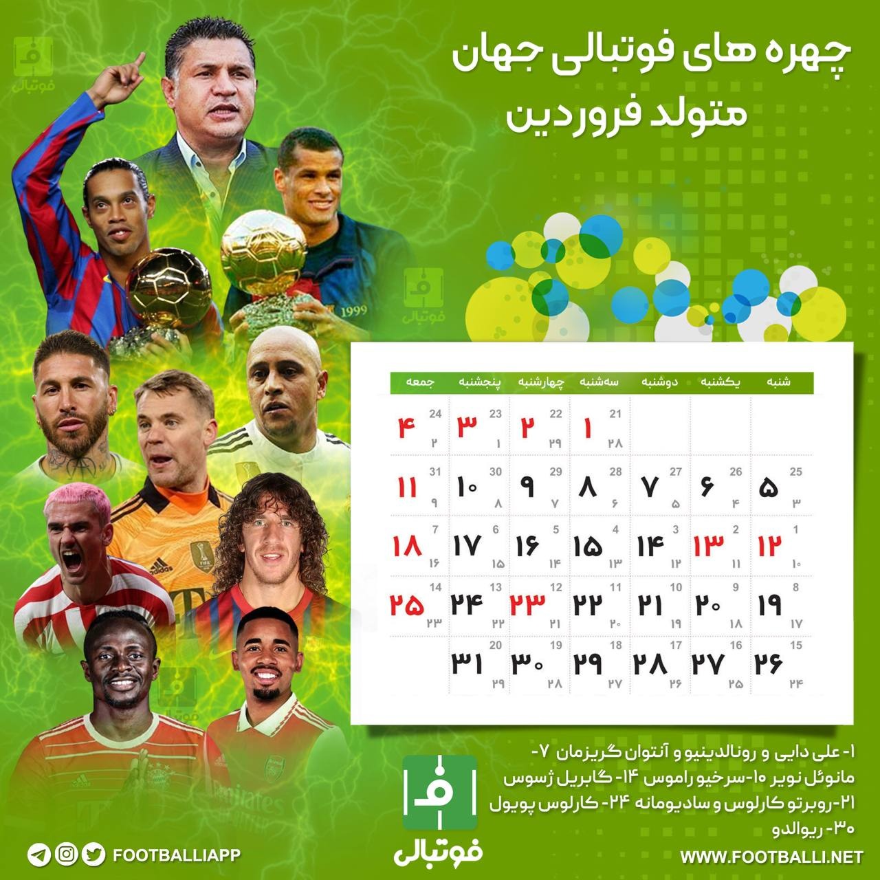 اختصاصی فوتبالی/ تقویم ماه فروردین، ماه اول سال ۱۴۰۲ به یاد شماره چهره های به یادماندنی فوتبال ایران و جهان که در این ماه متولد شدهاند/ طرح از سوران کریمپور