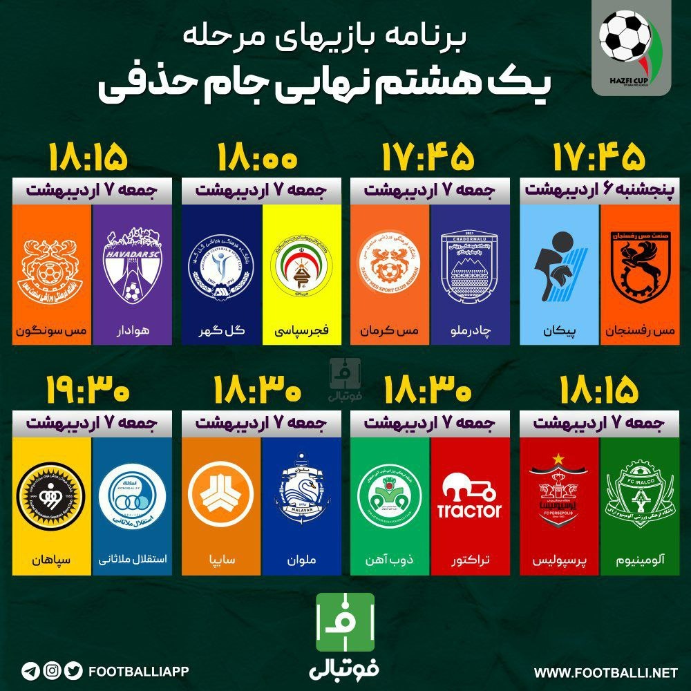 اینفوگرافی اختصاصی/ برنامه بازی‌های مرحله یک هشتم نهایی جام حذفی